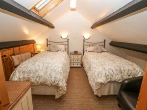 a bedroom with two beds in a attic at Bwthyn Ael Y Bryn in Dolbenmaen