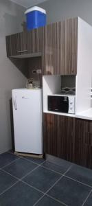 eine Küche mit einem weißen Kühlschrank und einer Mikrowelle in der Unterkunft Appart luxueux S plus 2cc ,cité Ghazela ,Ariana, à10 min de l'aéroport in Jafar