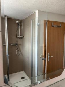 クヴェードリンブルクにあるアルテ ドロカライのバスルーム(ガラスドア付きのシャワー付)
