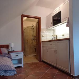 ein Bad mit einem Waschbecken und einer Dusche in einem Zimmer in der Unterkunft Apartmány U Orlického jezera - Kamenice in Klučenice