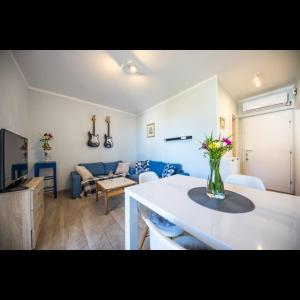 een woonkamer met een vaas met bloemen op een tafel bij Apartman Megi in Dubrovnik