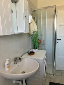 Un baño con lavabo y ducha en Como Lake House, vista lago: 100 mt dal lago, en Como