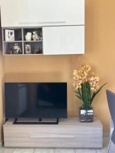 un televisor en un stand con un jarrón de flores en Como Lake House, vista lago: 100 mt dal lago, en Como