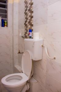 a white toilet in a bathroom with marble walls at Homes By Mwema in Nairobi