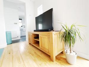 een televisie op een houten kast met een potplant bij White Eden, King bed, Free parking, Private patio, Fast WiFi, Dog, Family, Biker Friendly, Central Cornwall in St Austell