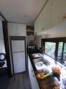 a kitchen with a sink and a counter with a window at Tiny Home Trails End in Lovemore Park