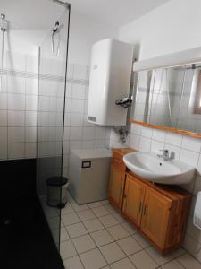 łazienka z umywalką, toaletą i lustrem w obiekcie Ferienwohnungen Jagerhüttn w mieście Hochrindl