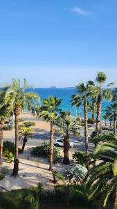 - une vue sur la plage bordée de palmiers et l'océan dans l'établissement CANNES Front de Mer - Appartement 3 STAR, à Cannes