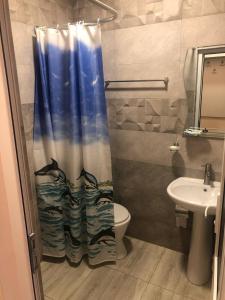 a bathroom with a shower curtain with a toilet and a sink at Nigatun Hotel in Yerevan