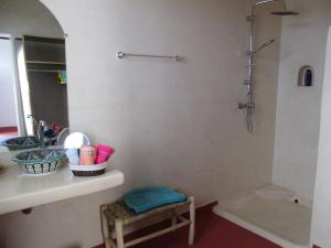 a bathroom with a shower and a sink and a toilet at Dar Mozart in Essaouira