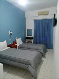 a bedroom with two beds and a blue wall at Hotel Theoxenia in Argos