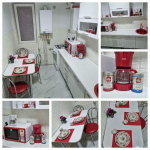 un collage de cuatro fotos de una cocina con microondas en La Tanti Bobi, en Lupeni