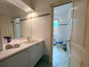 y baño con lavabo, espejo y aseo. en Le Marie Jeanne 6 Pers Giardino WiFi Vista Mare en Villefranche-sur-Mer
