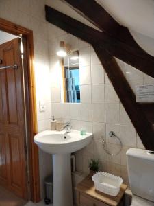 y baño con lavabo, aseo y espejo. en Domaine des Cerisiers, en Berville-sur-Mer