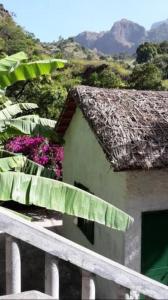 un bâtiment avec des fleurs violettes à côté d'une clôture dans l'établissement Cottage na Ribeira do Paúl, à Pombas