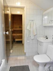 a bathroom with a shower and a toilet and a sink at Tupaniemi, kodikas ja tilava asunto 2-4 vieraalle in Pori