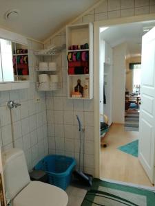 a bathroom with a blue tub in a room at Tupaniemi, kodikas ja tilava asunto 2-4 vieraalle in Pori