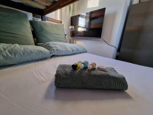 Un par de muñecas sentadas encima de una cama. en Casa-Pel Tiny House, en Palapye