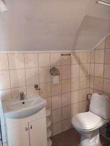 La salle de bains est pourvue de toilettes blanches et d'un lavabo. dans l'établissement Pokoje Noclegowe - Agroturystyka, à Brzostek