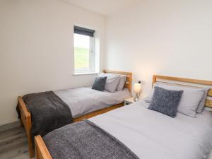 een slaapkamer met 2 bedden en een raam bij Brecknock Cheviot - The Sheepfold in Llandrindod Wells