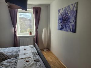 a bedroom with a bed and a window at Studios Am Wienerwald in Hinterbrühl