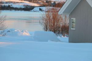 una casa cubierta de nieve junto a un cuerpo de agua en Paradise near Reykjavik w. Sauna - Northern Lights en Mosfellsbær