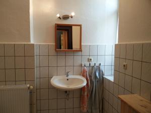 uma casa de banho com um lavatório e um espelho em Ferienwohnung Zur Weißen Taube em Dobbertin