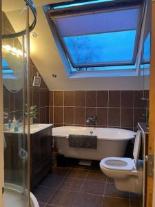 a bathroom with a tub and a toilet and a skylight at Stunning Liverpool Apartment in Liverpool