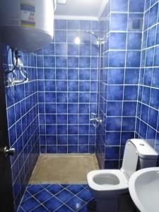 Porto matrouh chalets في مرسى مطروح: حمام من البلاط الأزرق مع مرحاض ومغسلة