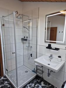 W łazience znajduje się prysznic i umywalka. w obiekcie Chalet Chiemgau 90 qm 3 Zimmer Balkon w mieście Übersee