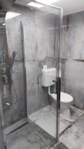 a bathroom with a toilet and a glass shower at Luxury Reed House in Balatonudvari +24 photos