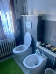 a bathroom with a white toilet and a sink at La finestra sul castello in Sestola