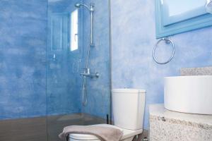 een blauwe badkamer met een douche en een toilet bij Oenotheras II by Thireon in Thólos
