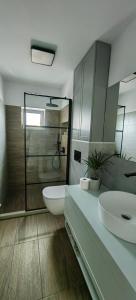 a bathroom with a toilet and a sink and a shower at Luxury apartment Private parking self check-in51 in Craiova