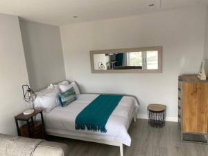 1 dormitorio con cama y espejo en la pared en Luxury Mumbles View Studio Apartment en Swansea