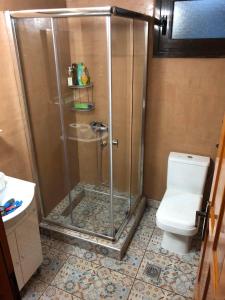 a shower stall in a bathroom with a toilet at VILLA PITI in Elaiokhórion