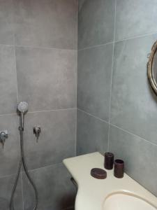 a bathroom with a toilet and a shower in it at Yelena Vacation in Eilat