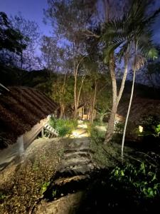 a path leading to a house at night with a palm tree at Koh Mook Mountain view in Ko Mook