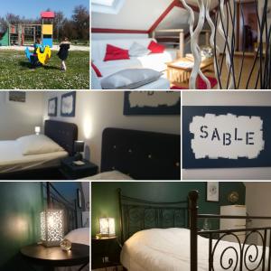 eine Collage mit Bildern eines Schlafzimmers mit 2 Betten und einem Tisch in der Unterkunft Cap sur le Sable à Moguériec in Sibiril
