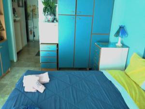 塞薩羅尼基的住宿－Nasos Cozy Place，一间卧室拥有蓝色的墙壁,配有一张带枕头的床。