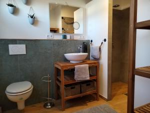 a bathroom with a sink and a toilet at Ferienwohnung am Gänsbach in Grassau
