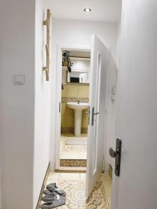 - une porte ouverte donnant sur une salle de bains avec lavabo dans l'établissement Flat white flat, à Prague