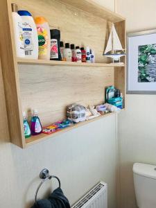 a bathroom with a shelf above a toilet at Victory Coaster in Seasalter