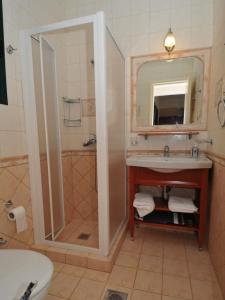 ein Bad mit einer Dusche und einem Waschbecken in der Unterkunft Villa Thalia - 2 Bedrooms, Sleeps 4p in Sami