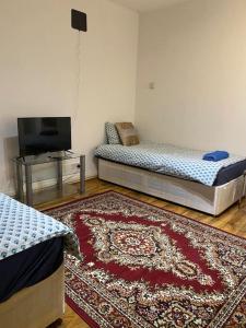 a living room with two beds and a rug at Ground Floor One Bedroom Bayswater Central London in London