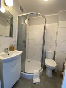 een badkamer met een douche, een toilet en een wastafel bij APARTAMENT OŚ. ZŁOTE 5F in Dzierżoniów