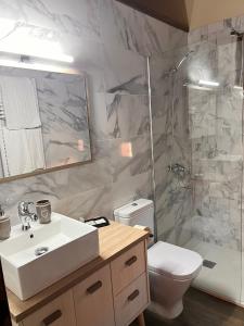 a bathroom with a sink and a shower and a toilet at Casas del Barranco de la Hoz in Ventosa