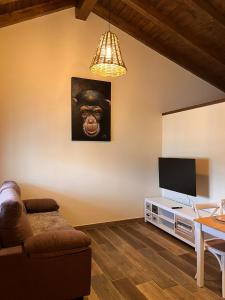 a living room with a couch and a flat screen tv at Casas del Barranco de la Hoz in Ventosa