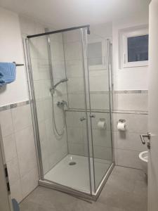 a shower with a glass door in a bathroom at Im Stüble in Koetz 