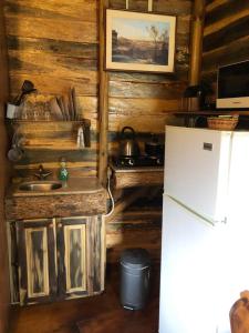 a kitchen with a sink and a refrigerator at Tree House Luxe in Saint Annʼs Bay